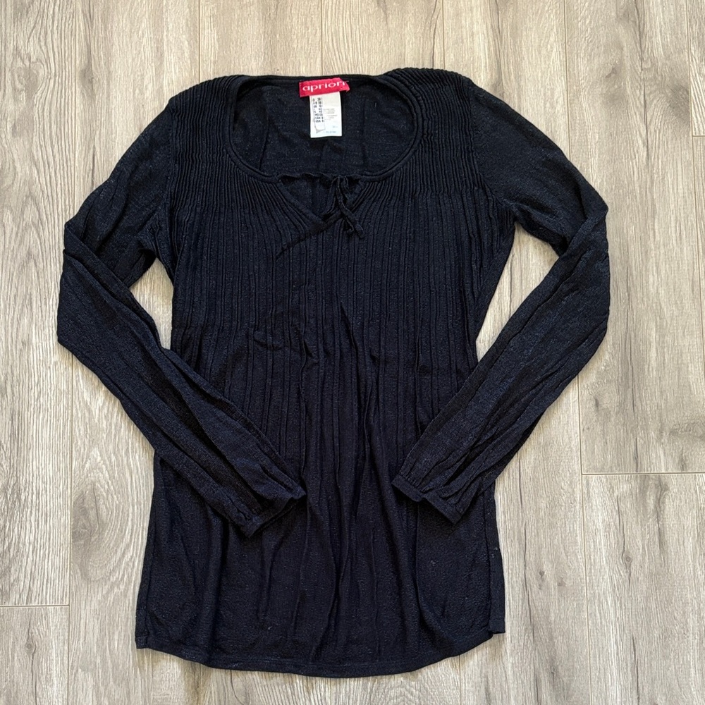 Elegant dark blue Ribbed Long Sleeve Top